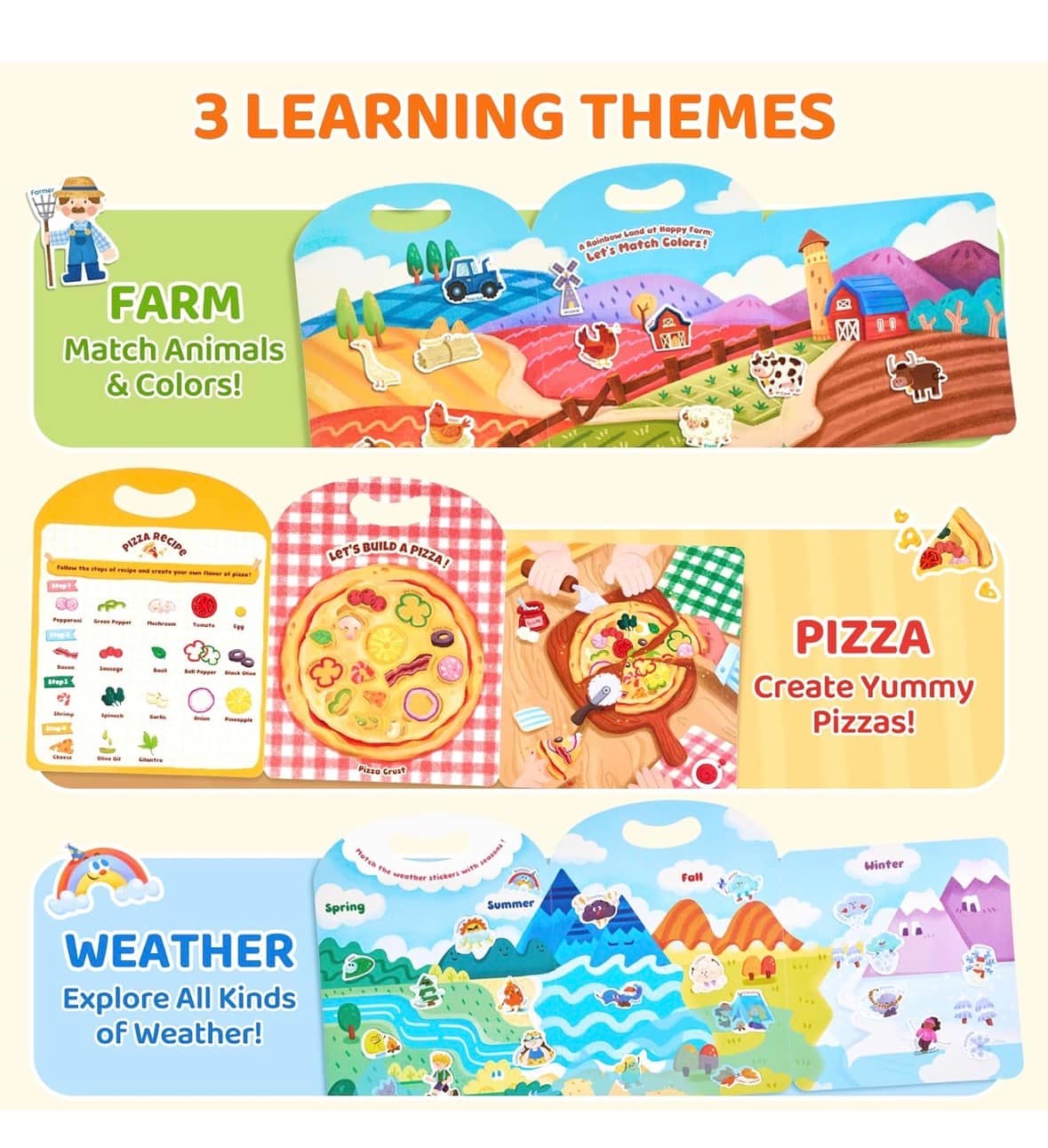 JoyCat Reusable Sticker Book 3 set (Pizza, Farm, Weather)